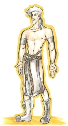 marker drawing of an albino man wearing a silver loincloth fashion rendering
