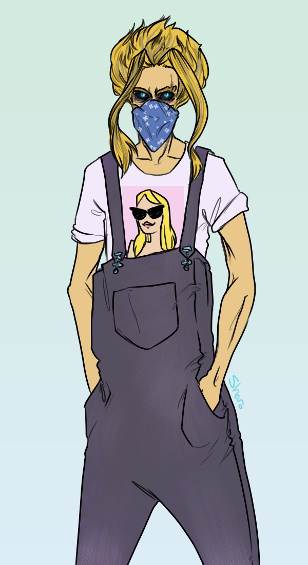 digital art drawing of toshinori yagi as skinny small might wearing baggy overalls over a printed t-shirt with folded sleeves