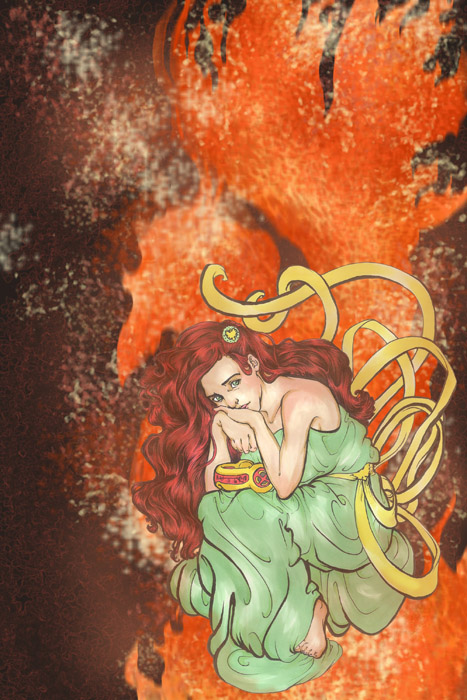 digitally enhanced drawing of jean grey as the phoenix with cyclops' visor on her lap art nouveau