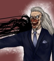digital art drawing of mr. salacia with his demonic face exposed glowing and attacking someone with black tendrils