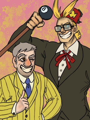 digital art drawing of grunkle stan and all might wearing each other's suits over a seventies background