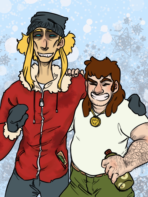 young stan pines and skinny toshinori yagi wearing each other's clothing over a pale wintery background