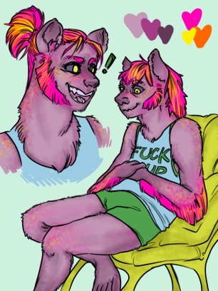 digital art drawing of neon pink and orange alien girl wearing an inappropriate shirt