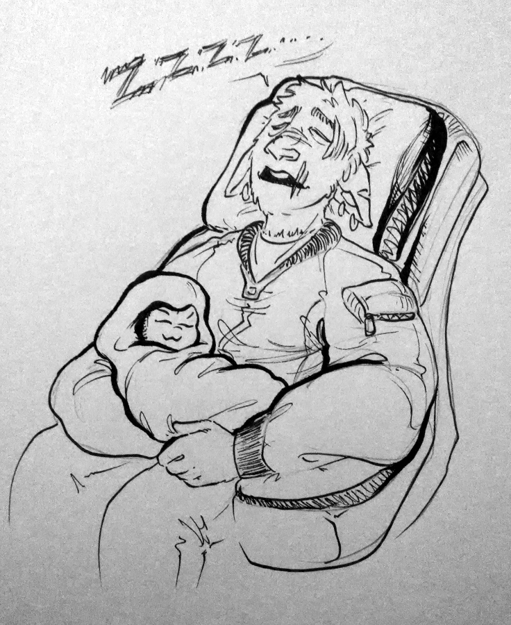 inktober2018 drawing of a sleeping spacedad cradling a swaddled alien baby in his lap