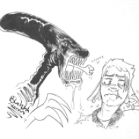 inktober2018 drawing of an alien menacing a scarred and nervous spacedad