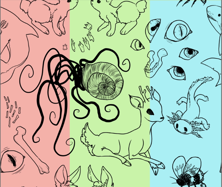 tricolor seamless pattern containing bones, eyes, teeth, rabbits, bees, sharks, nautilus, deer, axolotl